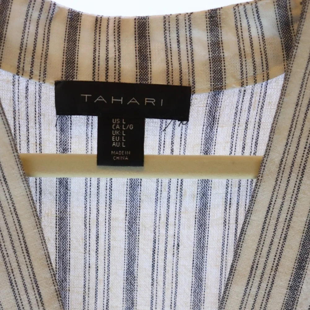 Tahari Striped Midi Dress Large Ivory‎ Blue Womens Linen Blend Sleeveless